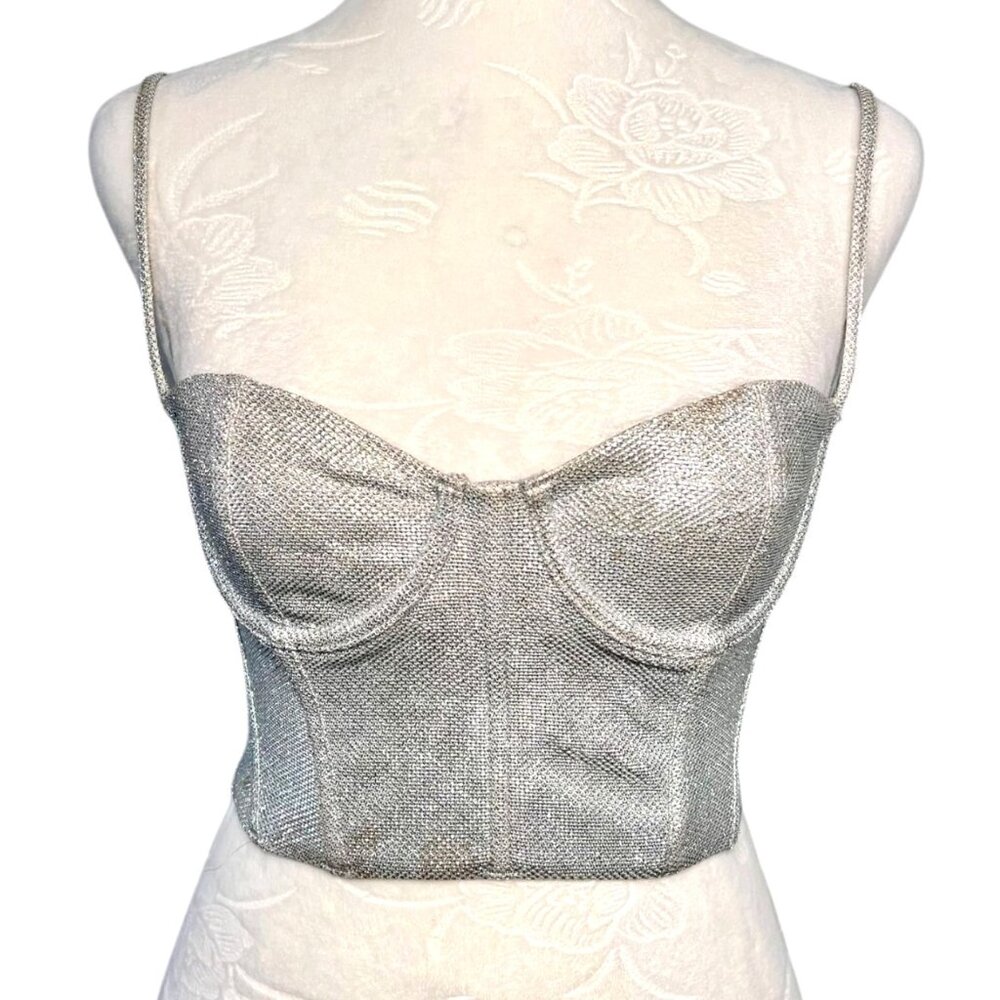 White Fox Corset Bustier Crop Top Silver Metallic XS